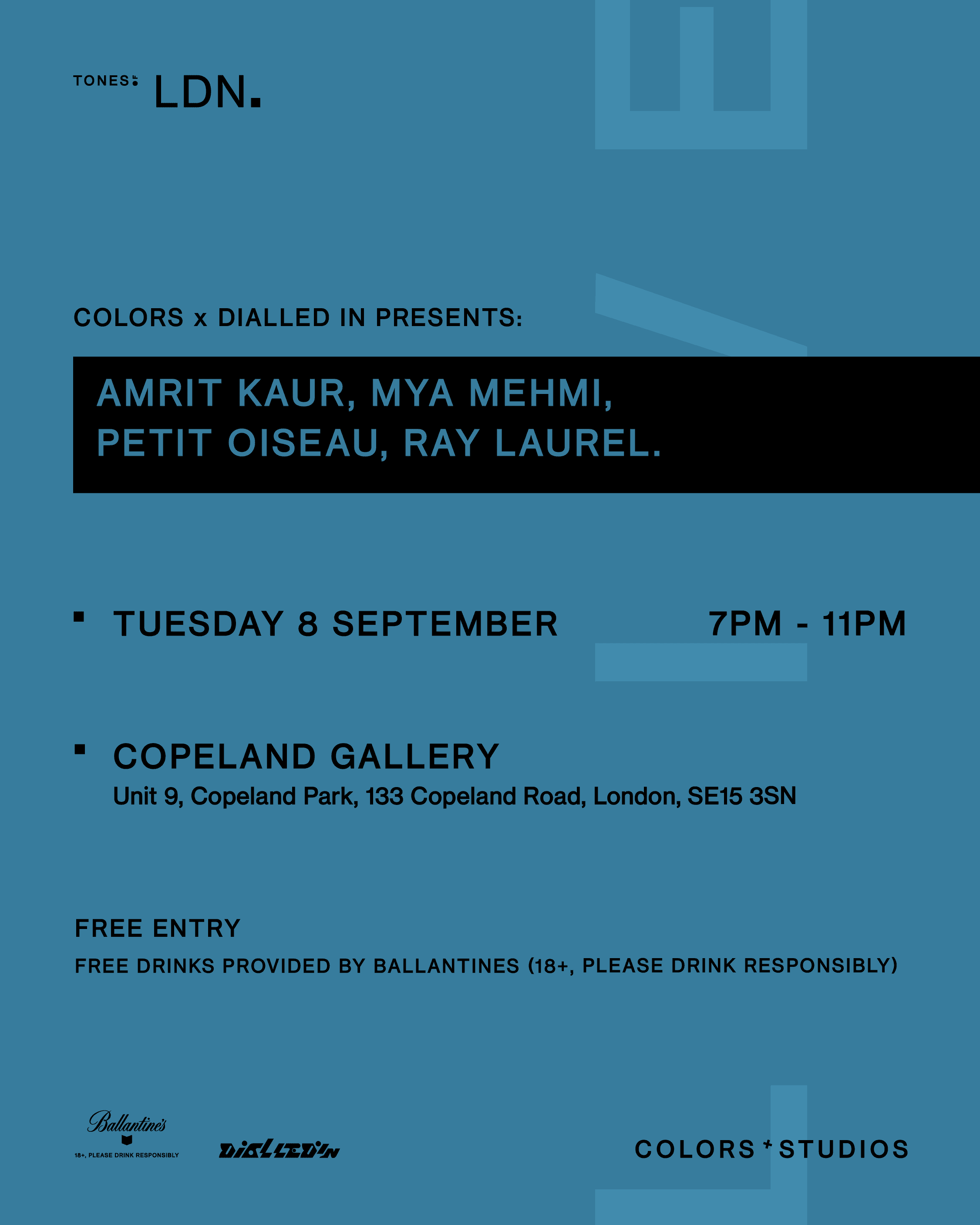 Poster for Colors Dialled In presents: Amrit Kaur, Mya, Mehmi, Petit Oiseau, Ray Laurel
